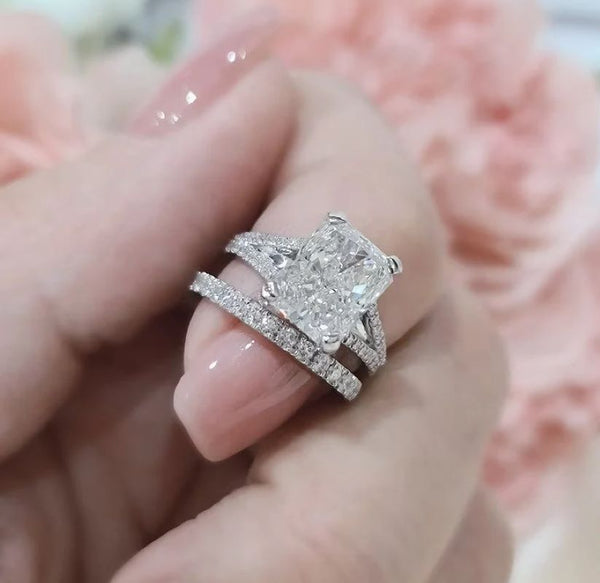 Unique Radiant Cut Moissanite Wedding Ring Set in Sterling Silver