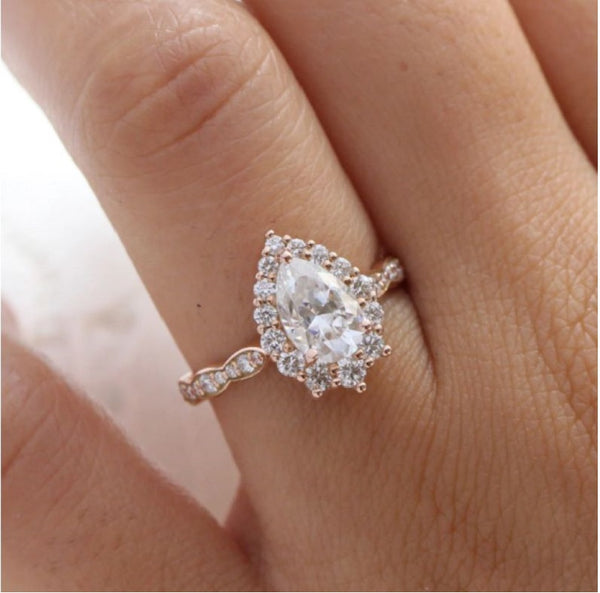 Elegant Halo Pear Cut Moissanite Engagement Ring in Sterling Silver