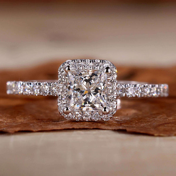 Stunning Halo Princess Cut Moissanite Engagement Ring in Sterling Silver