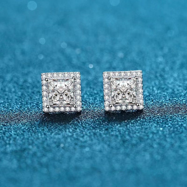 Fashion Halo Princess Cut Sona Simulated Diamond Stud Earrings in Sterling Silver