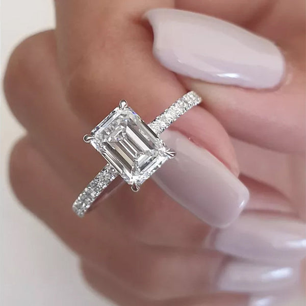 Precious 4 Prong Emerald Cut Women's Engagement Ring in Sterling Silver