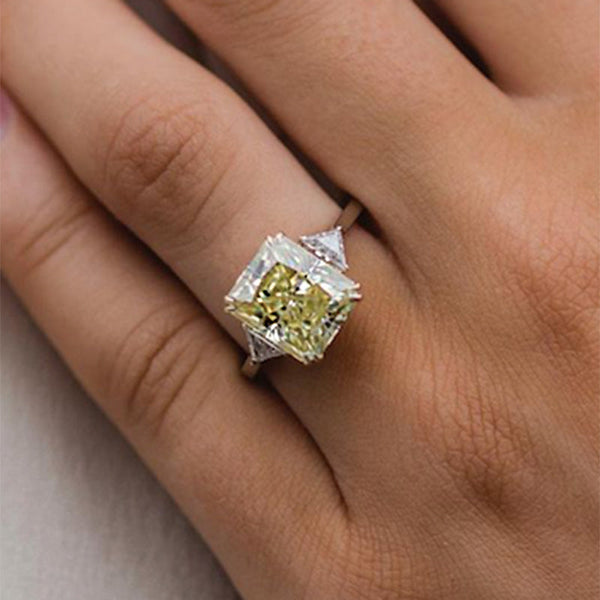 Charming Three Stone Radiant Cut Yellow Stone Engagement Ring With Triangle Cut Side Stones