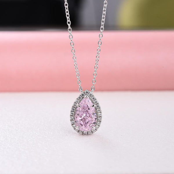 Exquisite Halo Pear Cut Pink Sapphire Pendant with Necklace in Sterling Silver