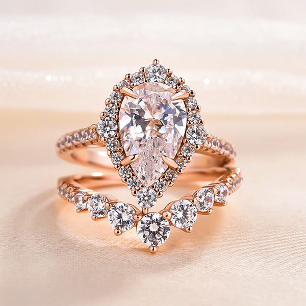 Elegant Rose Gold 2.2 Carat Halo Pear Cut Wedding Set in Sterling Silver