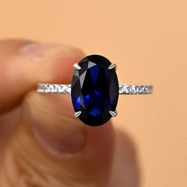 Unique 3.5 Carat Blue Sapphire Oval Cut Engagement Ring in Sterling Silver