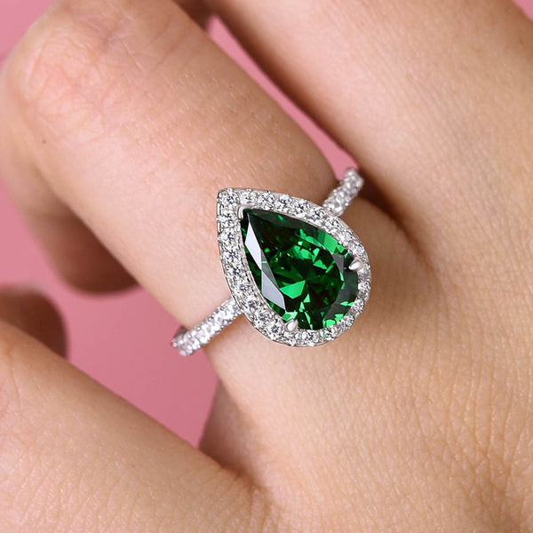 Gorgeous 2.2 Carat Halo Emerald Pear Cut Engagement Ring in Sterling Silver