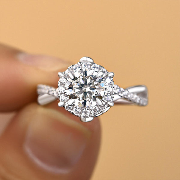 Gorgeous Round Cut Moissanite Twist Shape Halo Engagement Ring