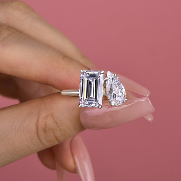 Special Double Stones Design Emerald Cut & Pear Cut Engagement Ring in Sterling Silver