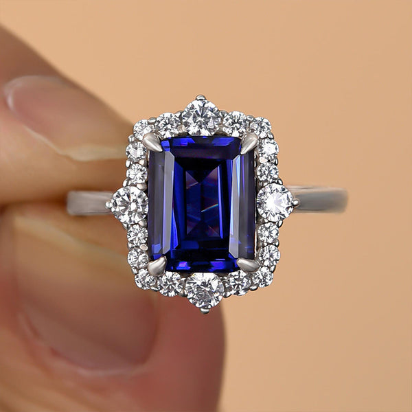 Elegant 3.0 Carat Emerald Cut Blue Sapphire Engagement Ring in Sterling Silver