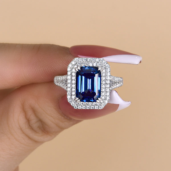 Exquisite Split Shank Double Halo Blue Sapphire Emerald Cut Engagement Ring