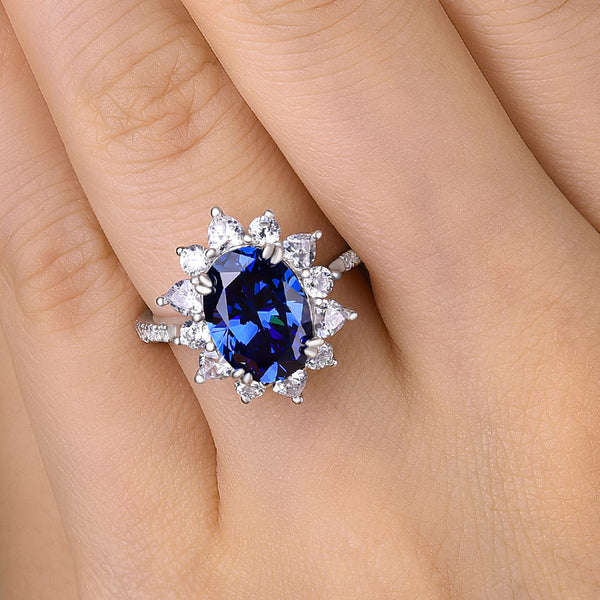 Elegant Halo Blue Sapphire Oval Cut Women's Engagement Ring in Sterling Silver