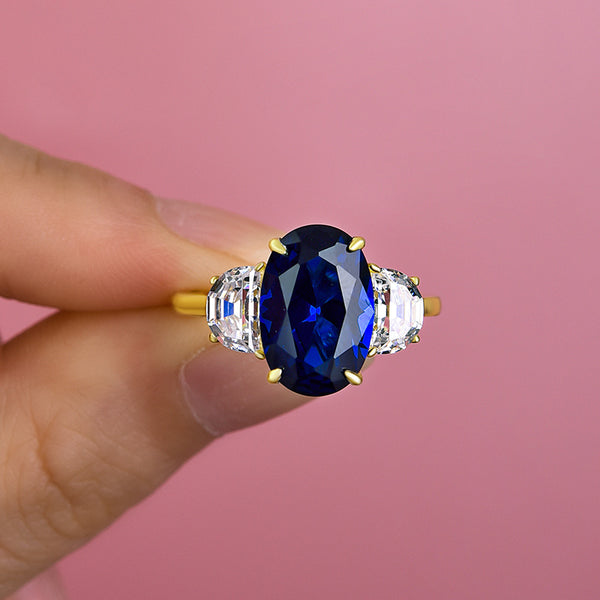 Yellow Gold 3.5 Carat Blue Sapphire Oval Cut Three Stone Engagement Ring
