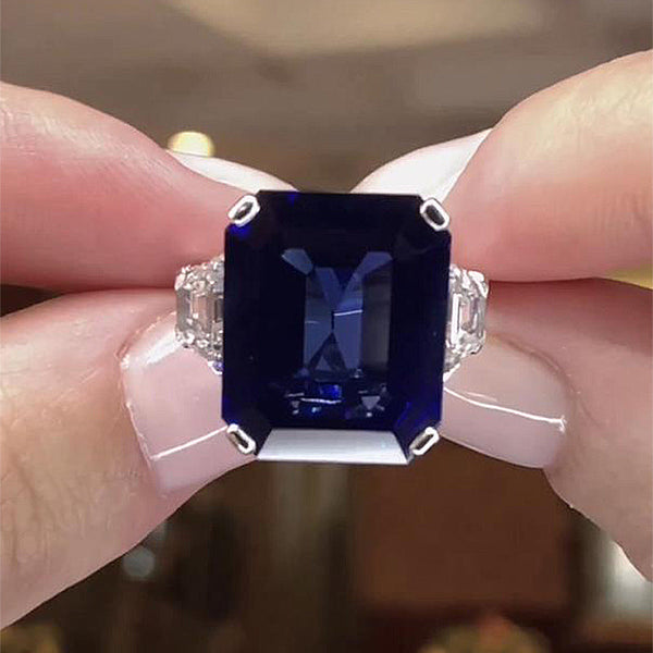 Classic Blue Sapphire Emerald Cut Three Stone Engagement Ring