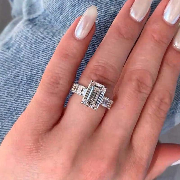 Excellent 7 Carat Emerald Cut Engagement Ring in Sterling Silver