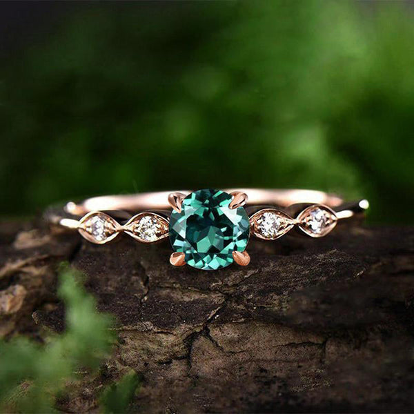 Rose Gold 1.0 Carat Emerald Green Round Cut Promise Ring for Her