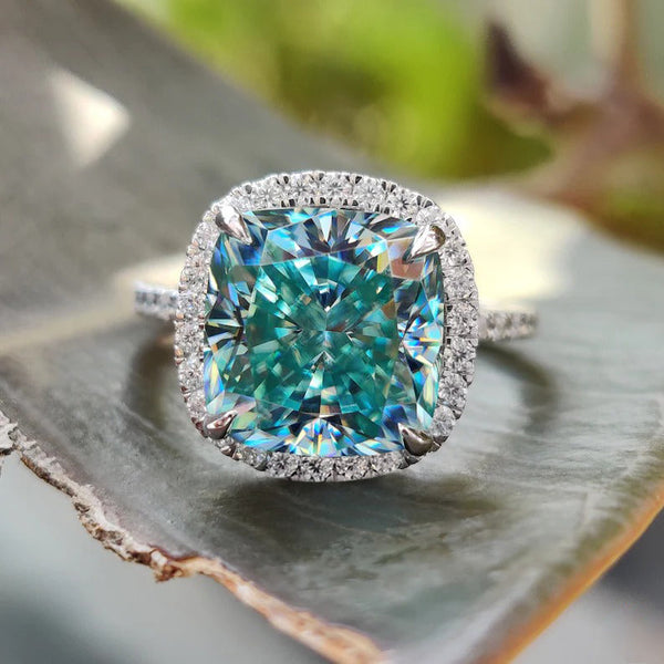 Noble 5 Carat Cushion Cut Cyan Blue Halo Engagement Ring in Sterling Silver