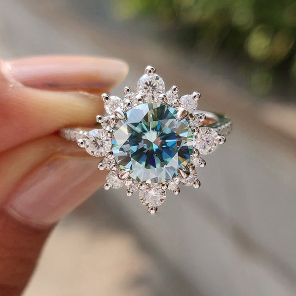 Exclusive Cyan Blue Snowflake Design Halo Round Cut Engagement Ring