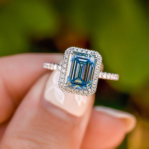 Unique Halo Emerald Cut Light Aquamarine Blue Engagement Ring in Sterling Silver