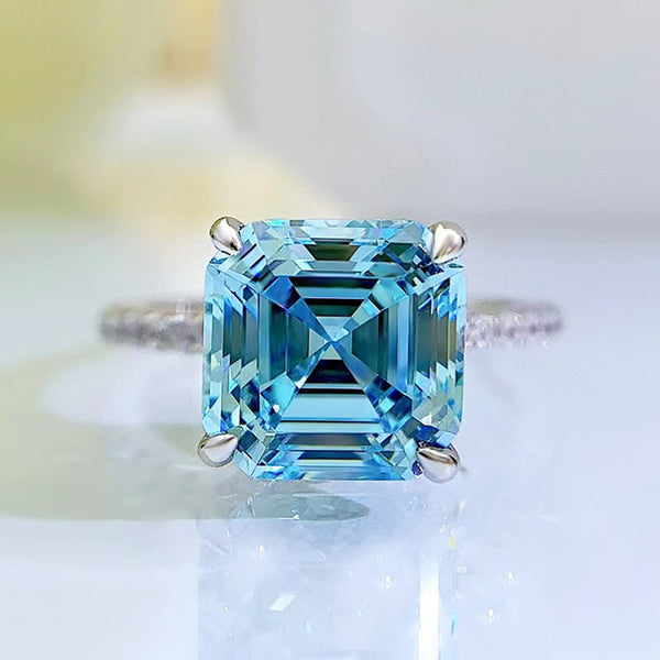 Romantic Asscher Cut Light Aquamarine Engagement Ring in Sterling Silver