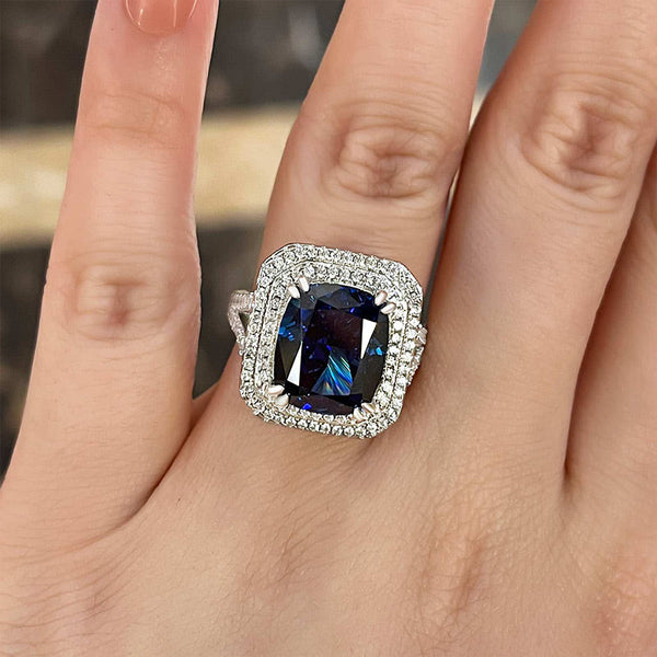 Luxurious Double Halo Cushion Cut Blue Sapphire Engagement Ring in Sterling Silver