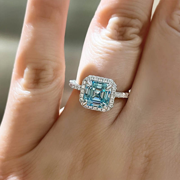 Gorgeous Halo Asscher Cut Light Aquamarine Blue Engagement Ring in Sterling Silver