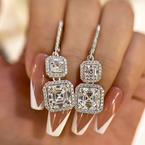 Elegant Halo Asscher Cut Women's Earrings in Sterling Silver