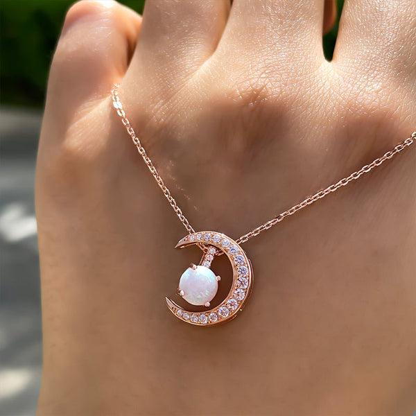 Elegant Rose Gold Moon Design Round Cut Opal Pendant Necklace in Sterling Silver
