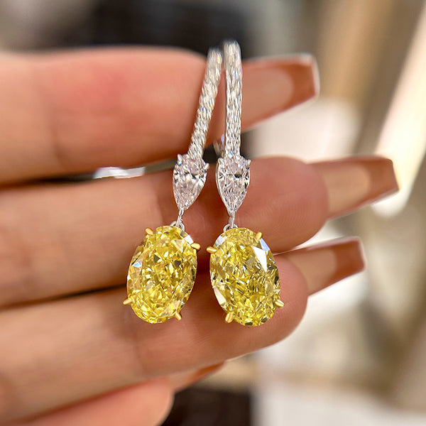 Luxury Two-tone Oval Cut Yellow Sapphire Earrings for Women in Sterling Silver