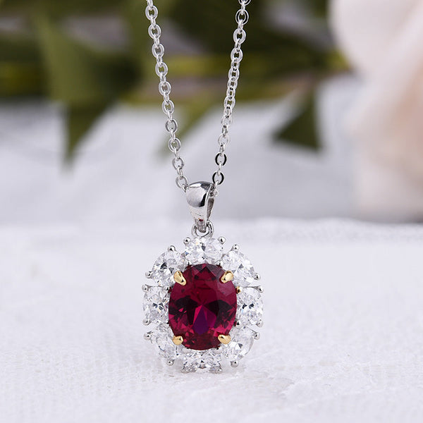 Exquisite 1.8 Carat Ruby Oval Cut Halo Pendant with Necklace in Sterling Silver
