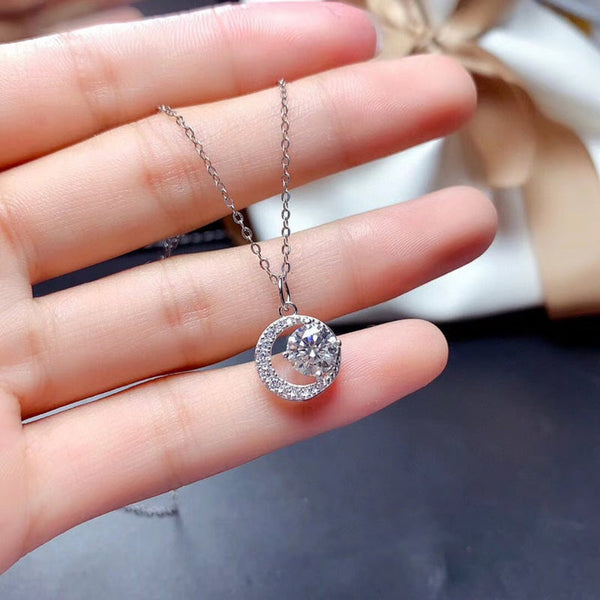 Timeless Moon Design Round Cut Pendant Necklace in Sterling Silver