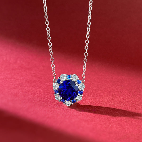 Vintage Halo Round Cut Blue Sapphire Women's Pendant Necklace in Sterling Silver