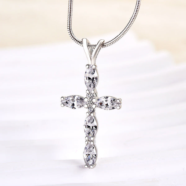 Precious Marquise Cut Cross  Pendant Necklace in Sterling Silver