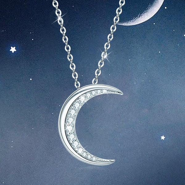 Moissanite Lovely Round Cut Moon Pendant Necklace in Sterling Silver