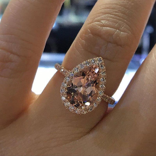 Special 3.0 Carat Halo Pear Cut Morganite Engagement Ring in Sterling Silver