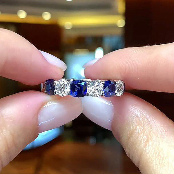Unique Blue & White Sapphire Women's Wedding Band  in Sterling Silver