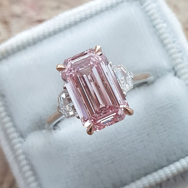 Elegant Emerald Cut Morganite Pink Three Stone Engagement Ring in Sterling Silver